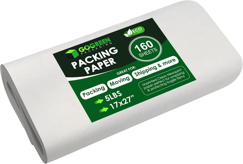 go green packaging Newsprint Packing Paper – 160 Sheets, Large 27" x 17" Unprinted Packing Paper Sheets for Moving, Shipping, Wrapping & Storage | Packaging Paper for Moving, Packing, Made in USA. - Image 1